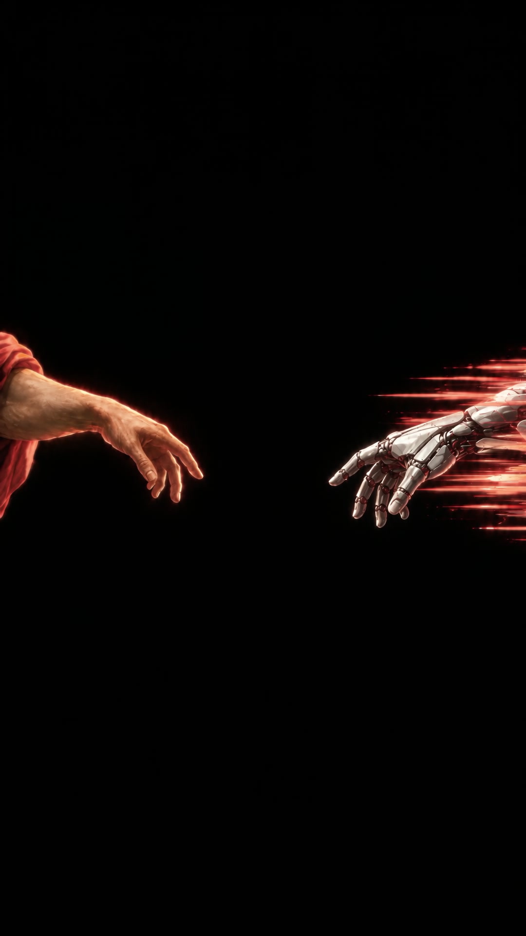 A painted human hand and a robotic hand reaching toward each other, a crimson spark between their fingertips